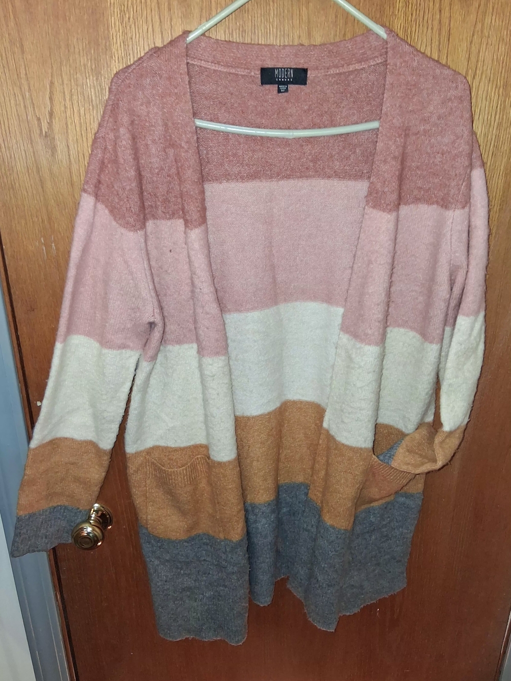 Modern Eternity Pink, Cream & Tan Colorblock Open Cardigan